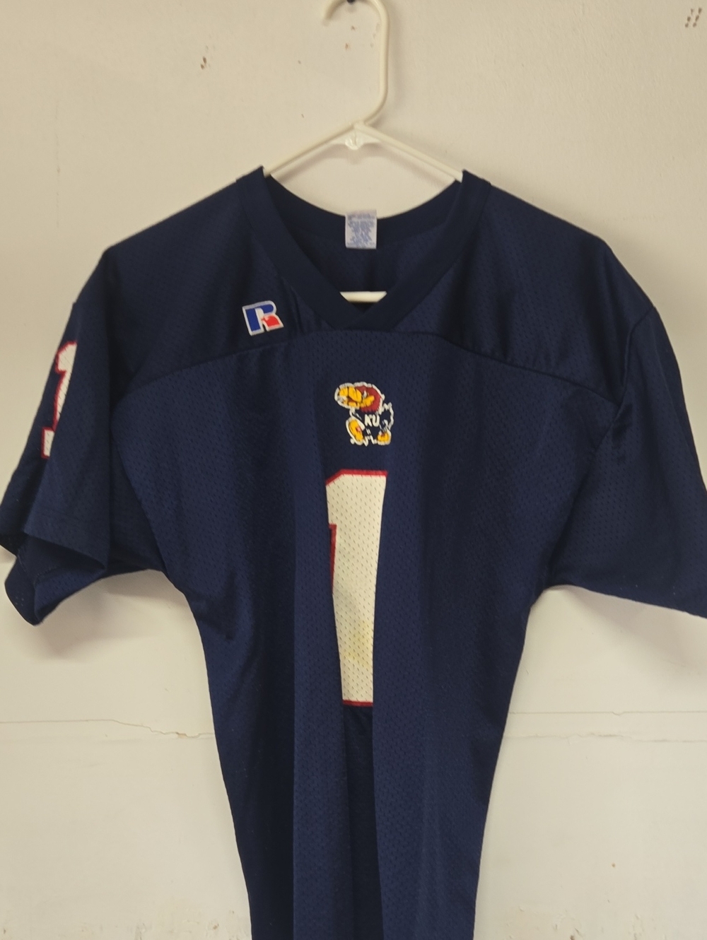Russell Athletic Navy Football Jersey with White and Red Accents